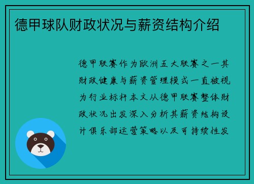 德甲球队财政状况与薪资结构介绍
