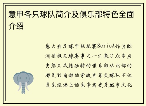 意甲各只球队简介及俱乐部特色全面介绍